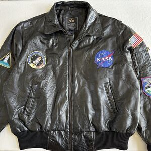 Alpha Industries NASA Leather Jacket Mens 2XL Patches Space Mission Bomber